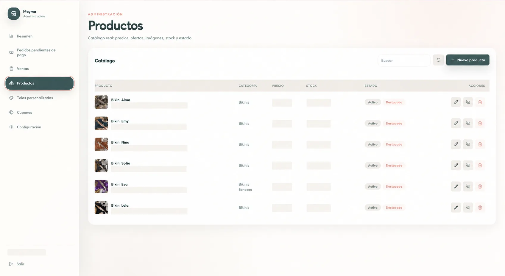 Gestión de productos con precios, stock e identificadores ocultos
