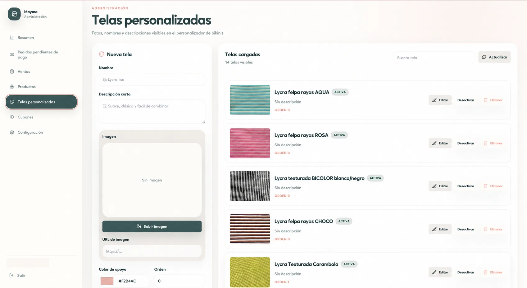 Gestión de telas disponibles para el personalizador, con email administrativo oculto