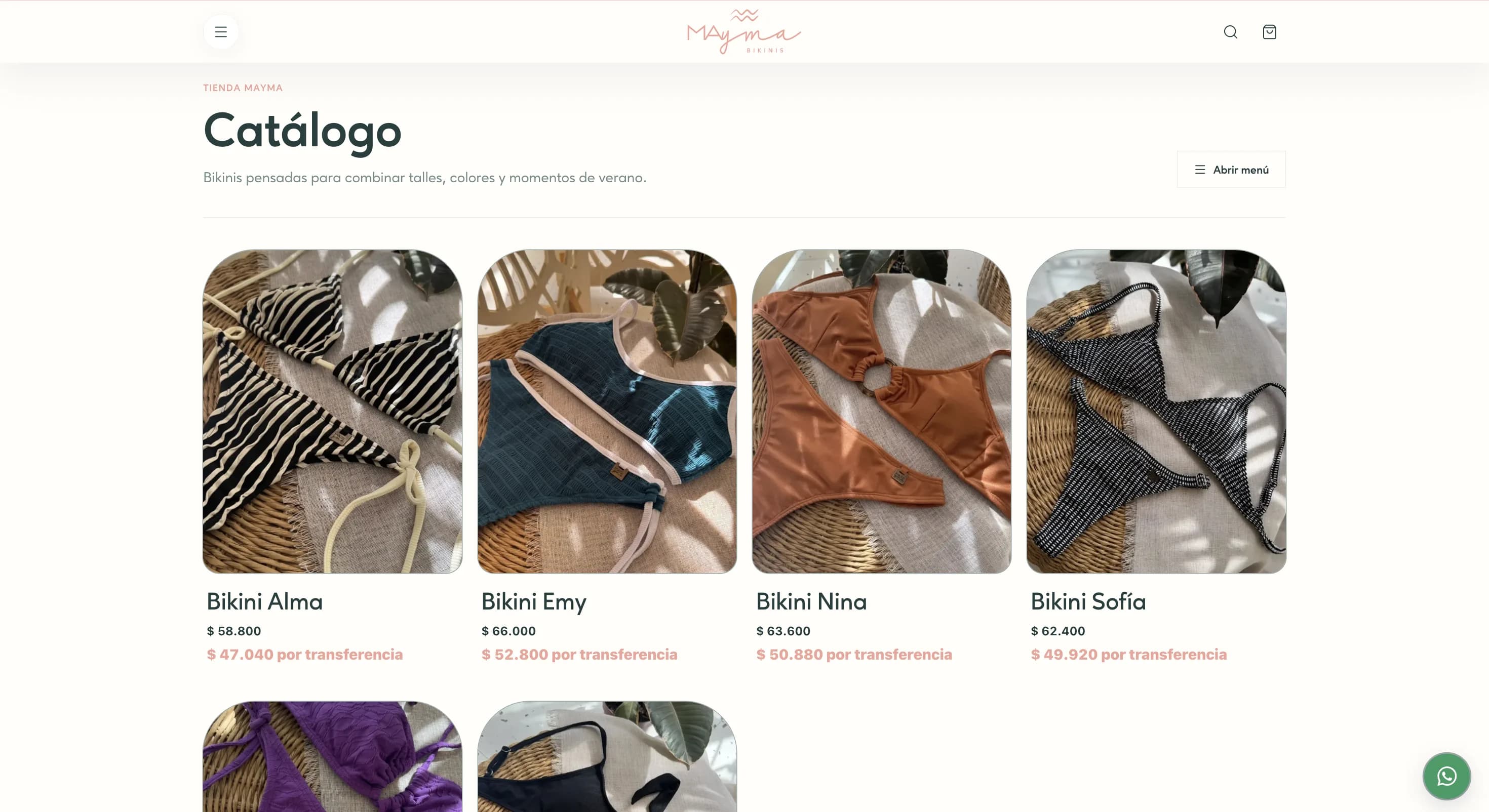 Catálogo de Mayma con productos, precios y descuento por transferencia
