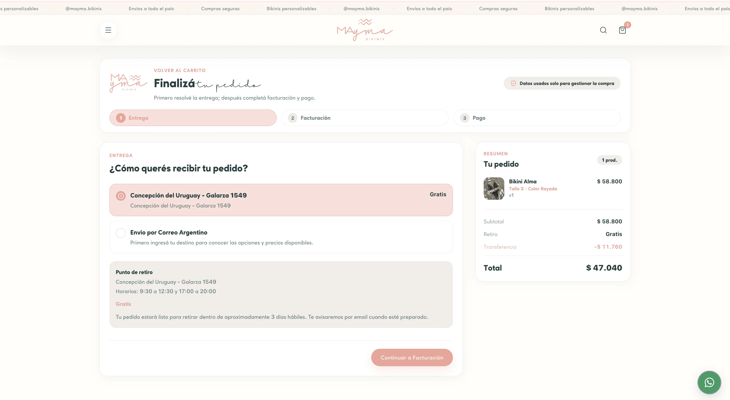 Primer paso del checkout para elegir retiro o envío por Correo Argentino