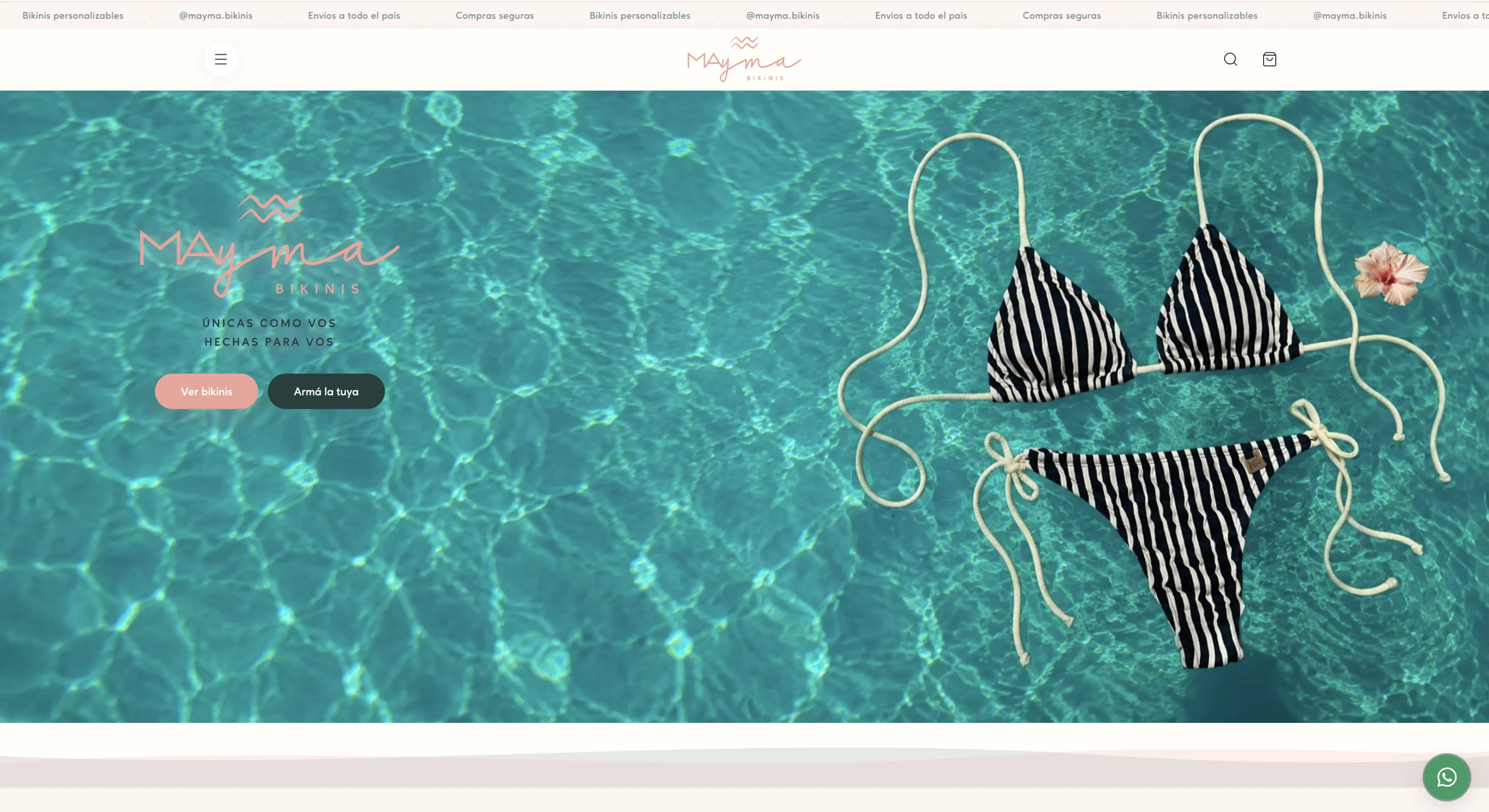 Home de Mayma Bikinis con accesos al catálogo y al personalizador