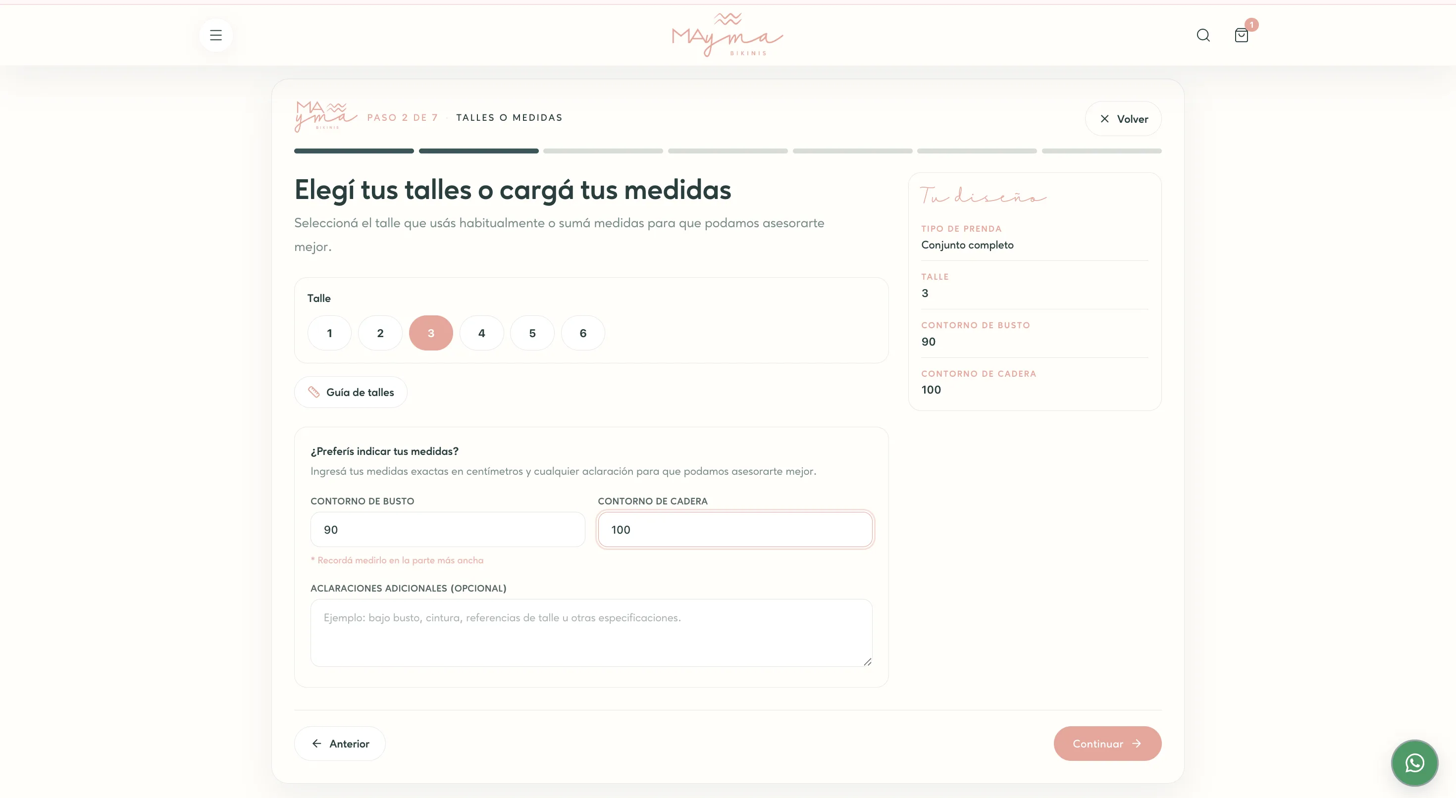 Paso para elegir talle o cargar medidas específicas