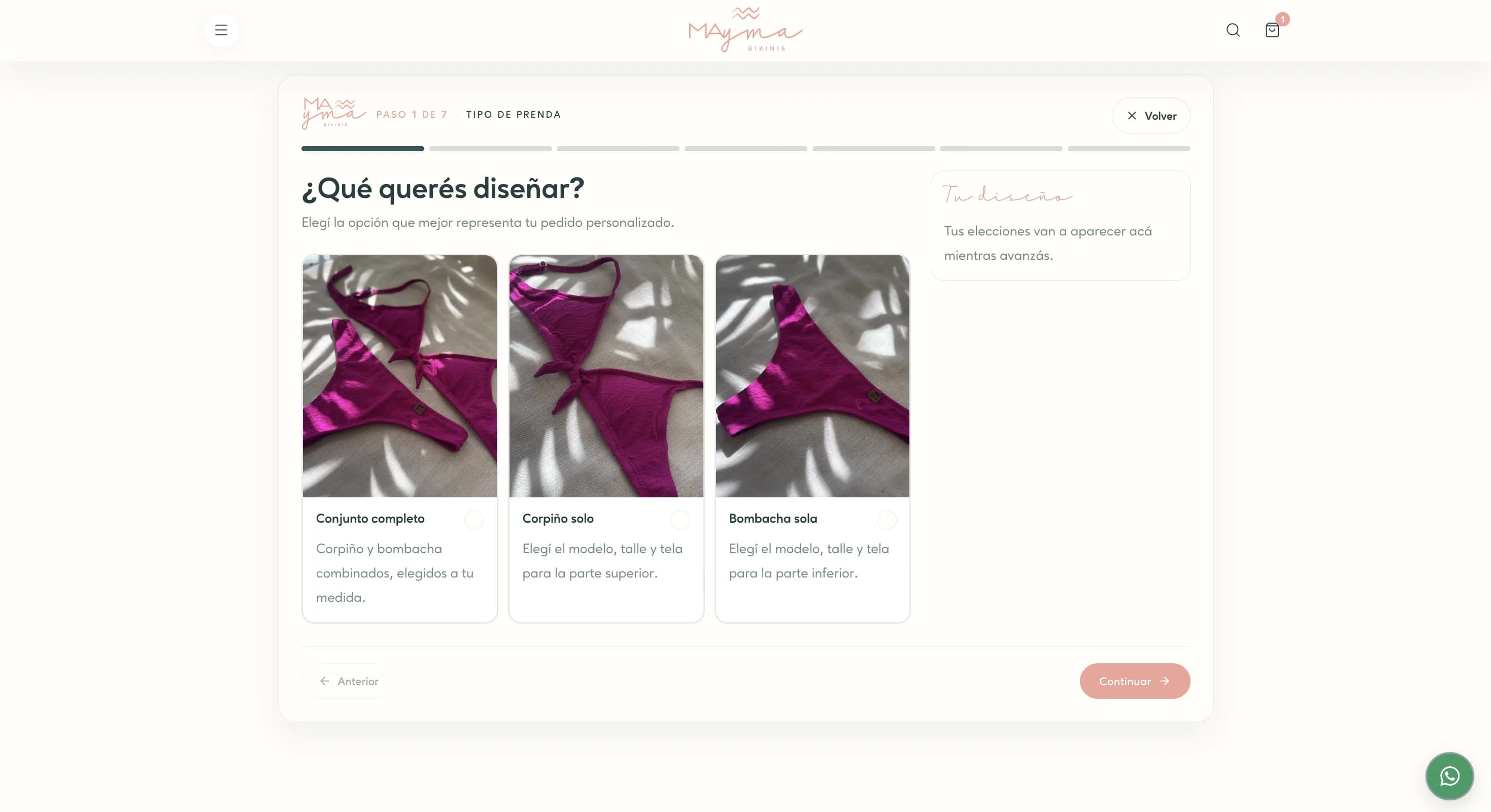 Primer paso del personalizador para elegir el tipo de prenda