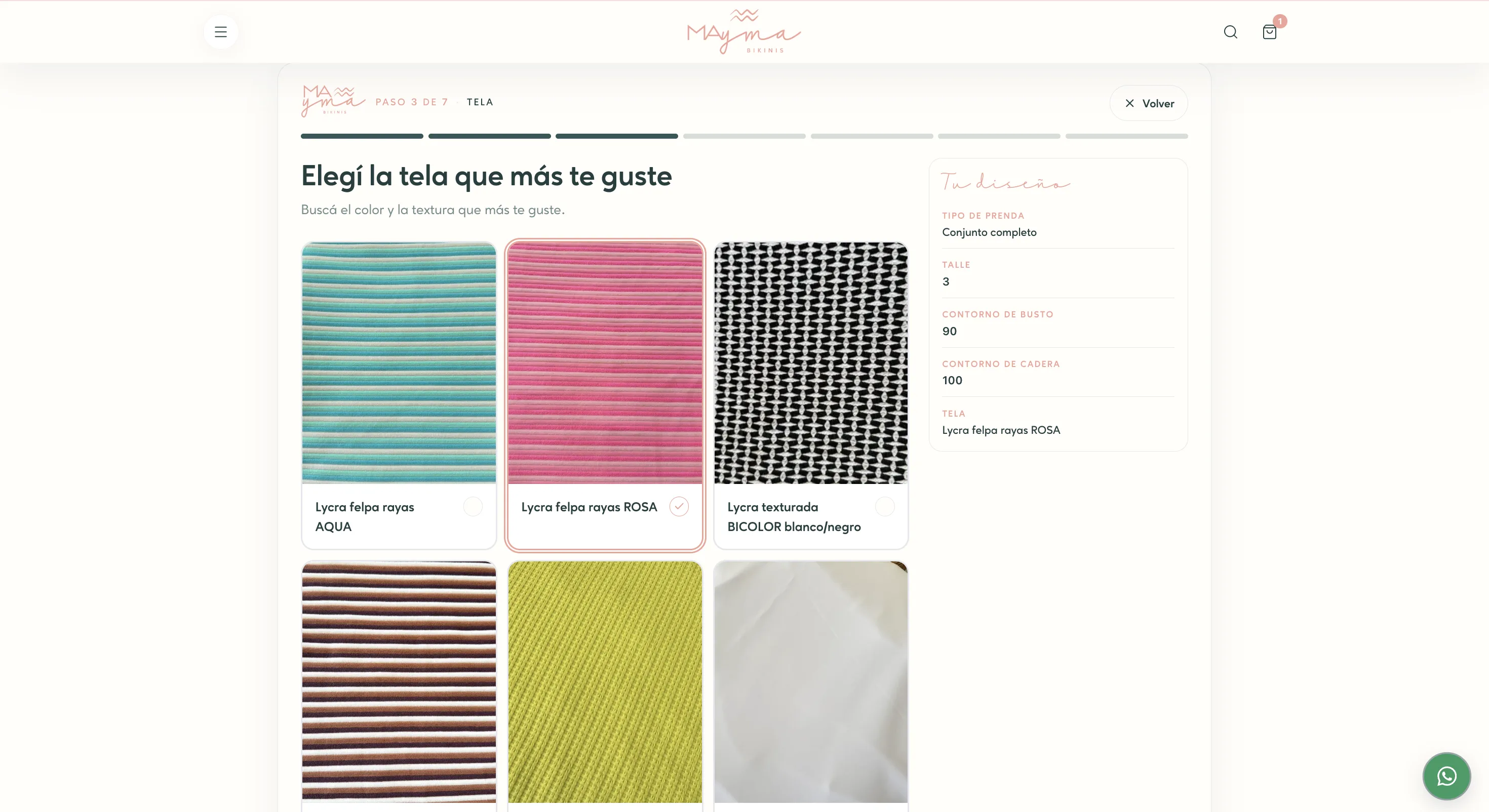 Selección de tela dentro del personalizador de bikinis