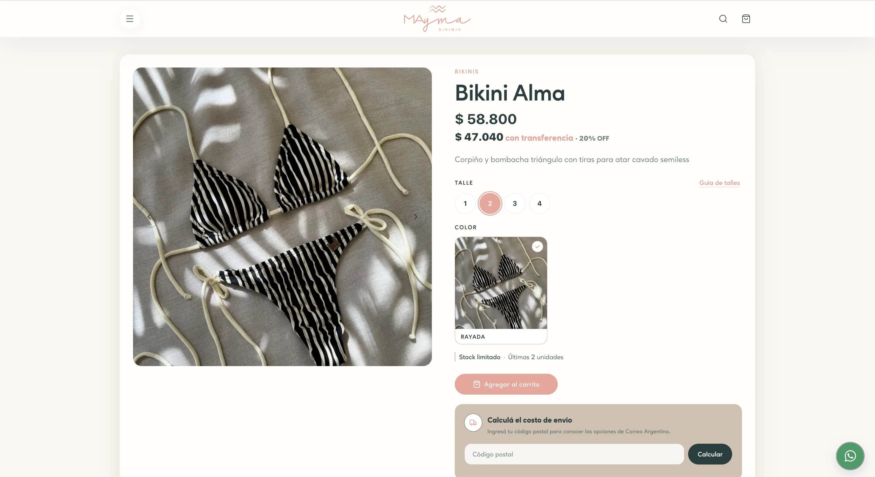 Ficha de producto con talle, color, disponibilidad y acción de compra