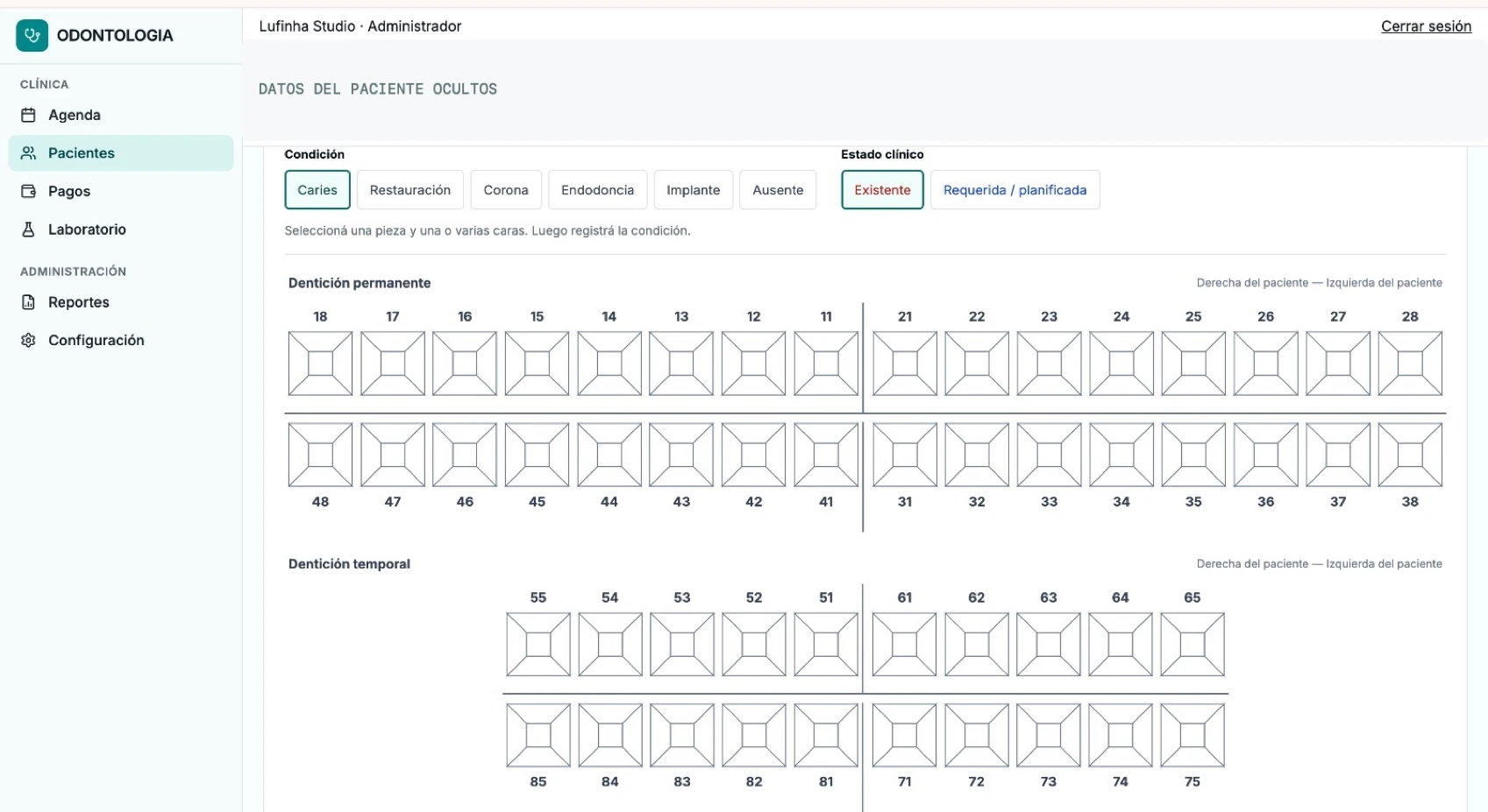 Captura del sistema odontológico en la pantalla de plan de tratamiento, con el DNI oculto