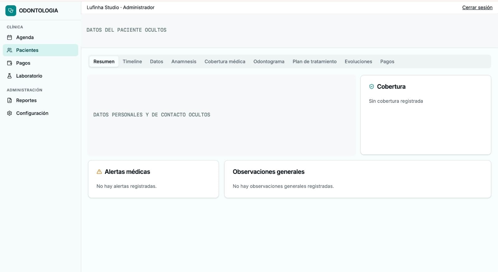 Ficha de paciente anonimizada, con datos personales ocultos y acceso a resumen, anamnesis, odontograma, tratamiento y pagos