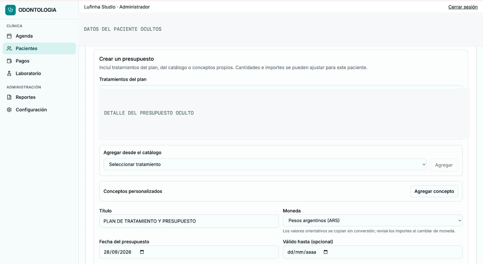 Creador anonimizado de presupuestos vinculado al plan de tratamiento odontológico