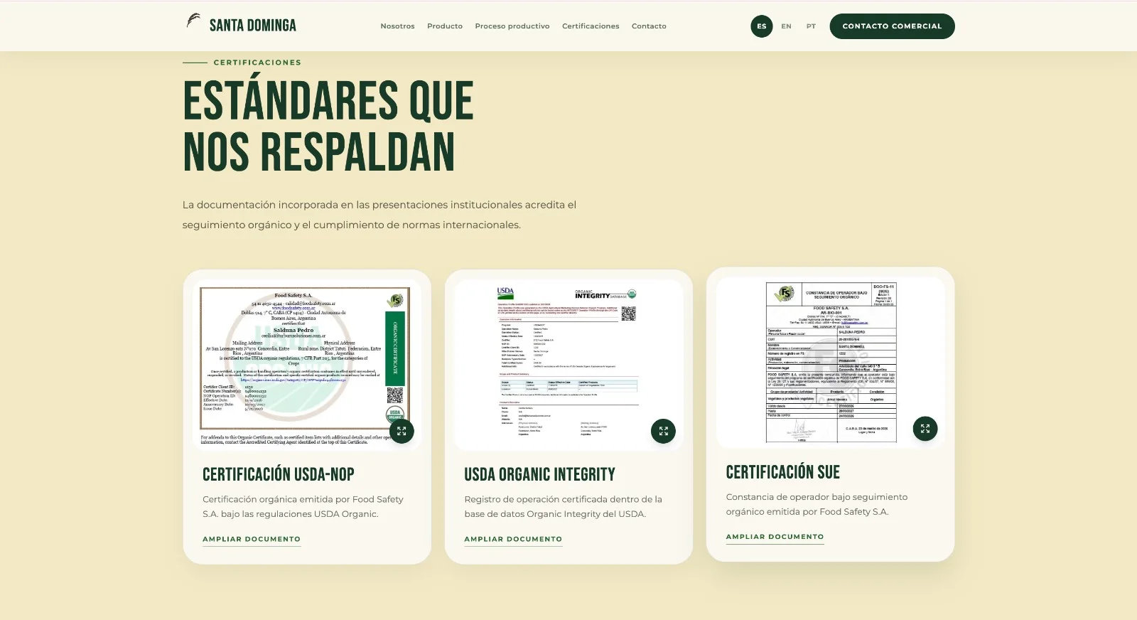 Sección de certificaciones con documentación USDA-NOP, Organic Integrity y SUE