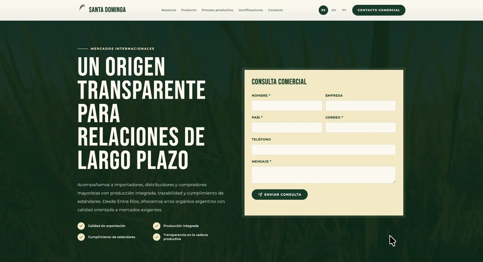 Sección para mercados internacionales con propuesta comercial y formulario de consulta