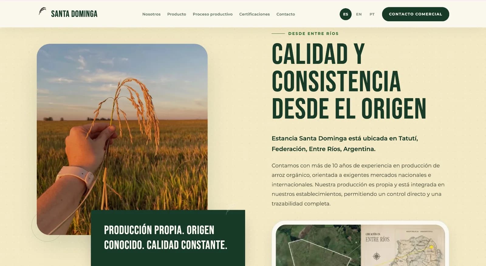 Presentación del origen de Santa Dominga con cultivo propio y ubicación en Entre Ríos