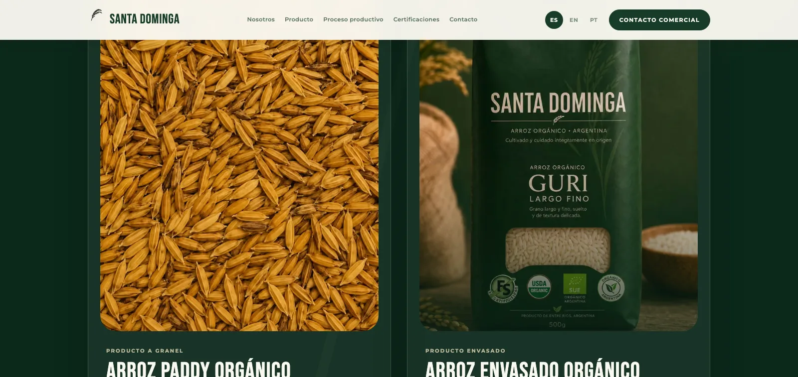 Sección del sitio que presenta por separado el arroz paddy y el arroz envasado Guri