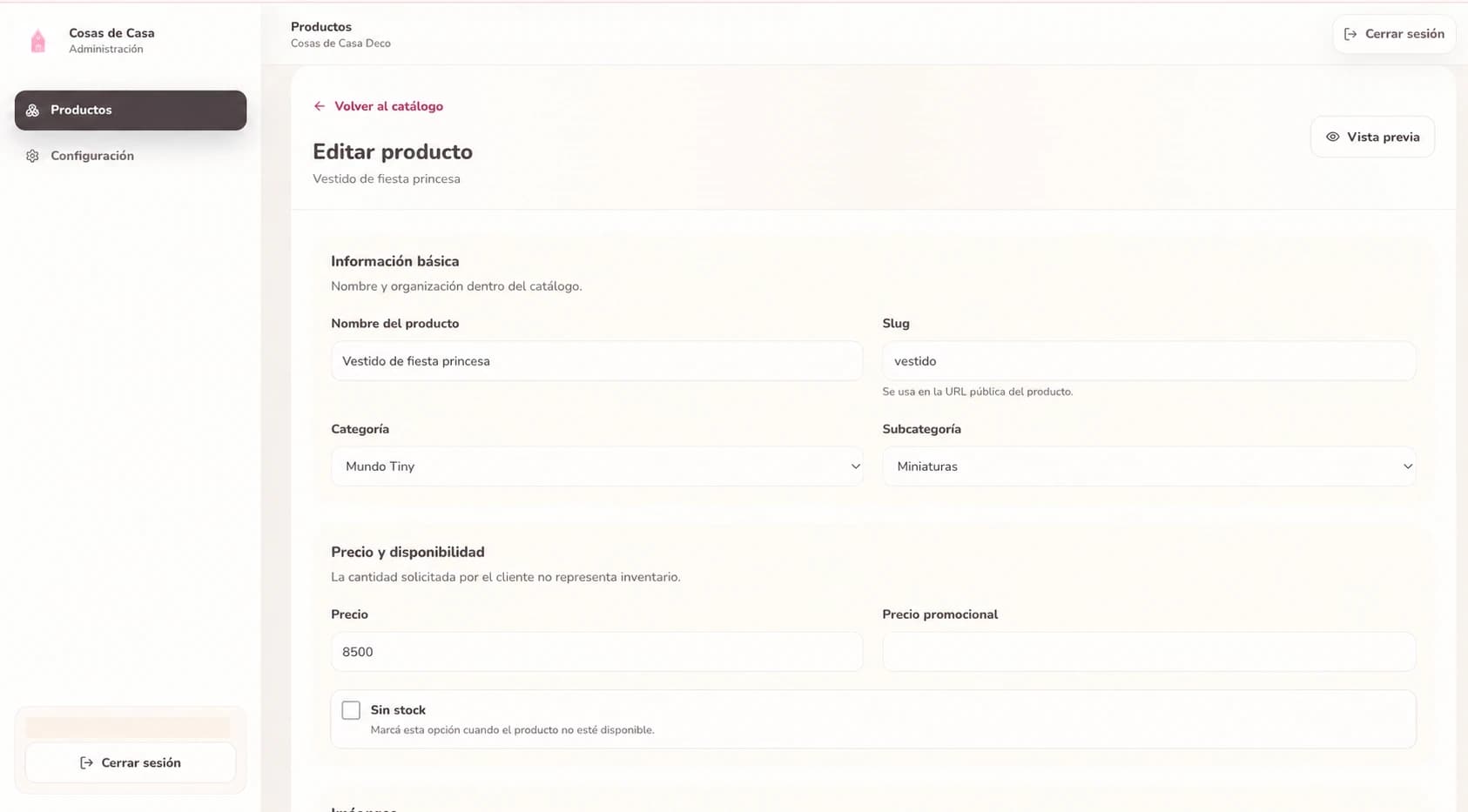 Editor de producto del panel administrador; datos privados ocultos donde corresponde