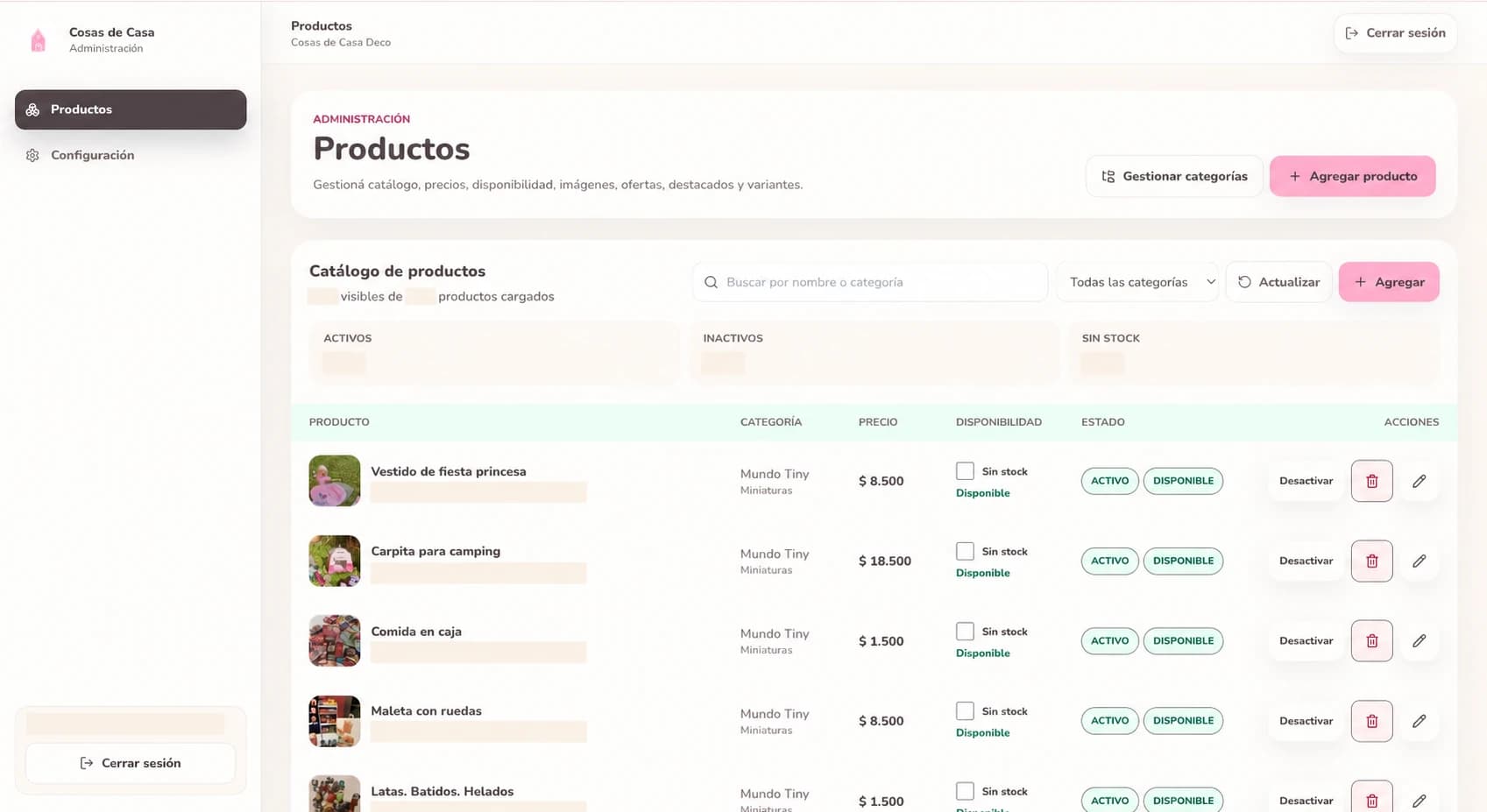 Panel administrador con búsqueda, filtros y gestión del catálogo; datos internos ocultos