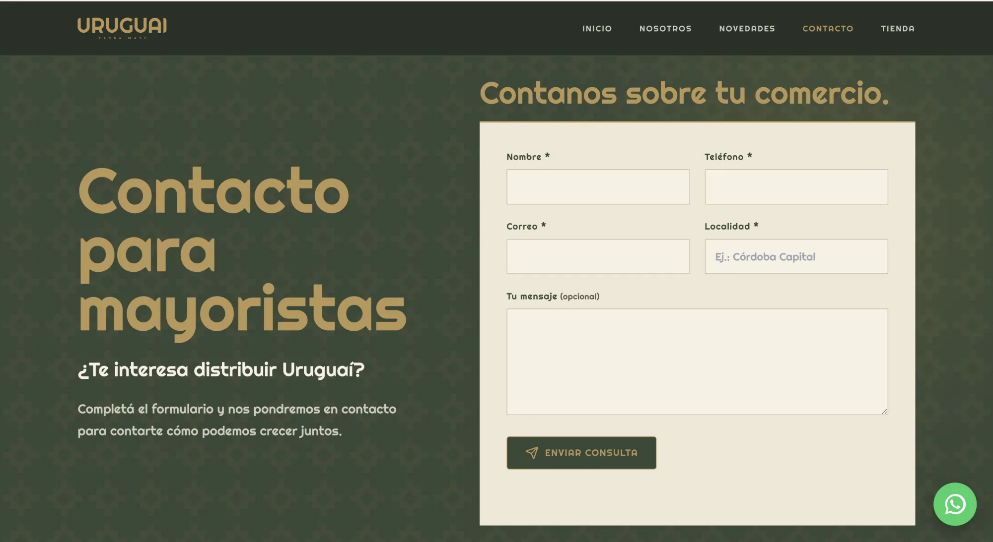 Formulario institucional de contacto para comercios y distribuidores mayoristas