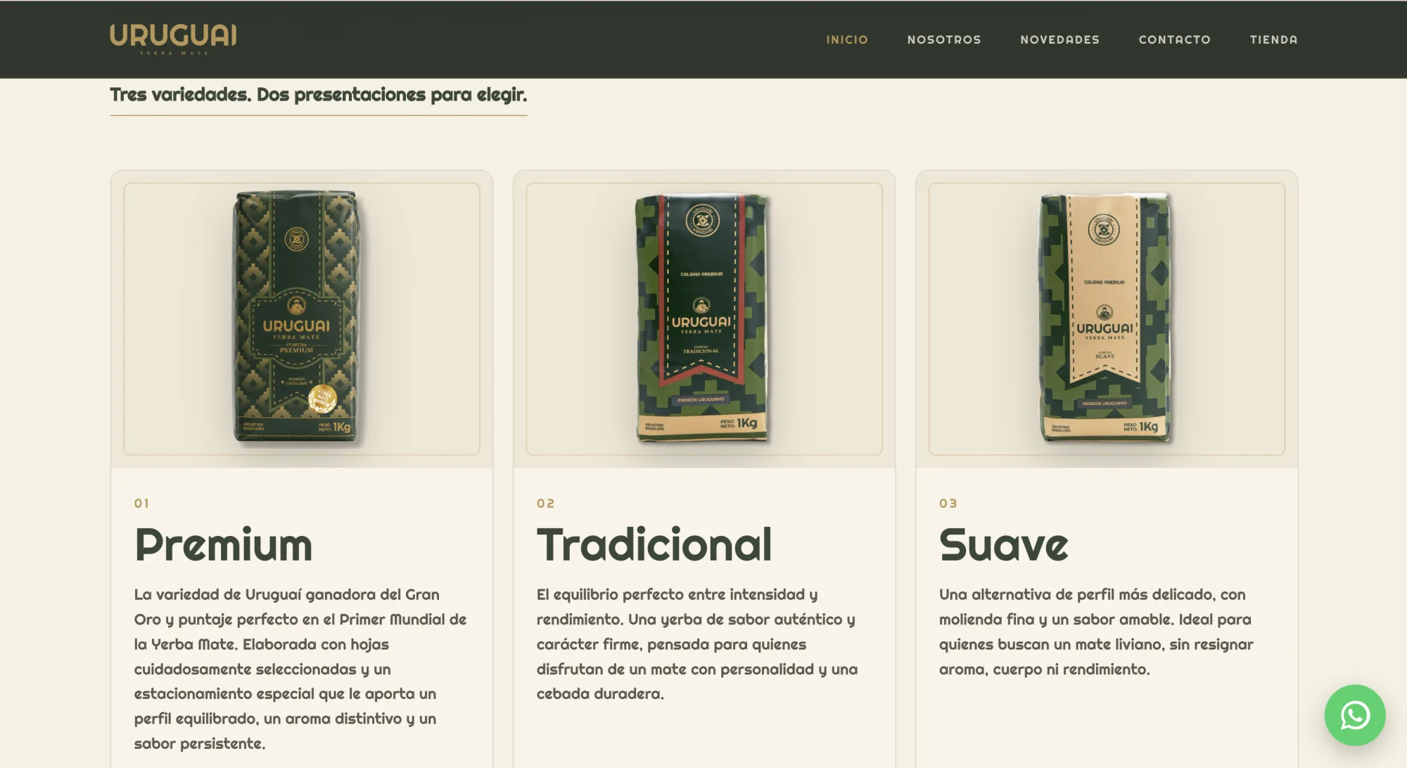 Catálogo institucional con las variedades Premium, Tradicional y Suave de Uruguaí