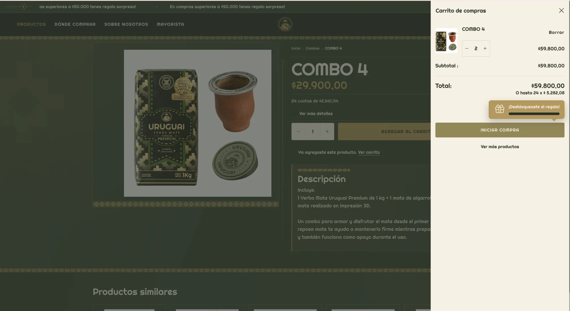 Carrito lateral del ecommerce con un combo, cantidad, subtotal y acceso para iniciar la compra