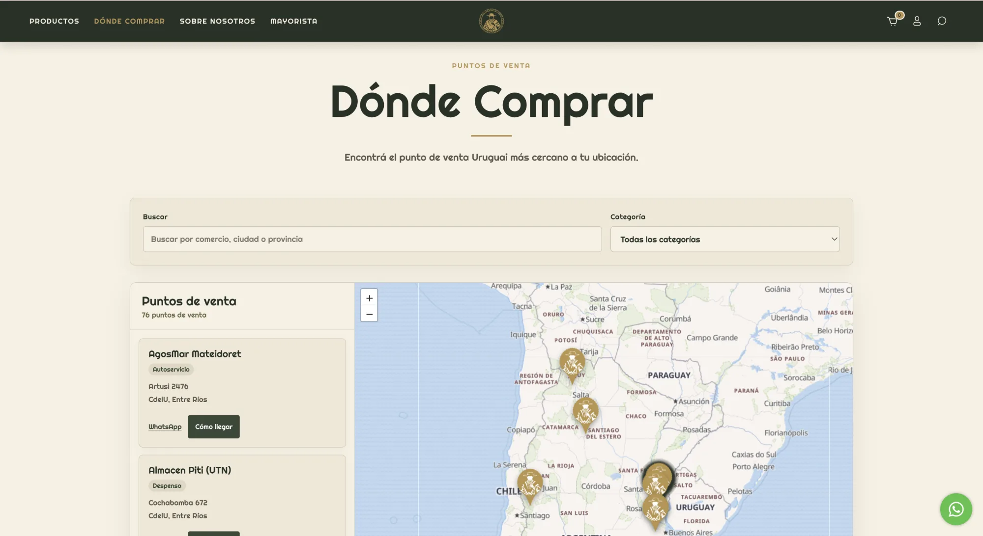 Vista general del buscador de puntos de venta de Uruguaí con listado y mapa