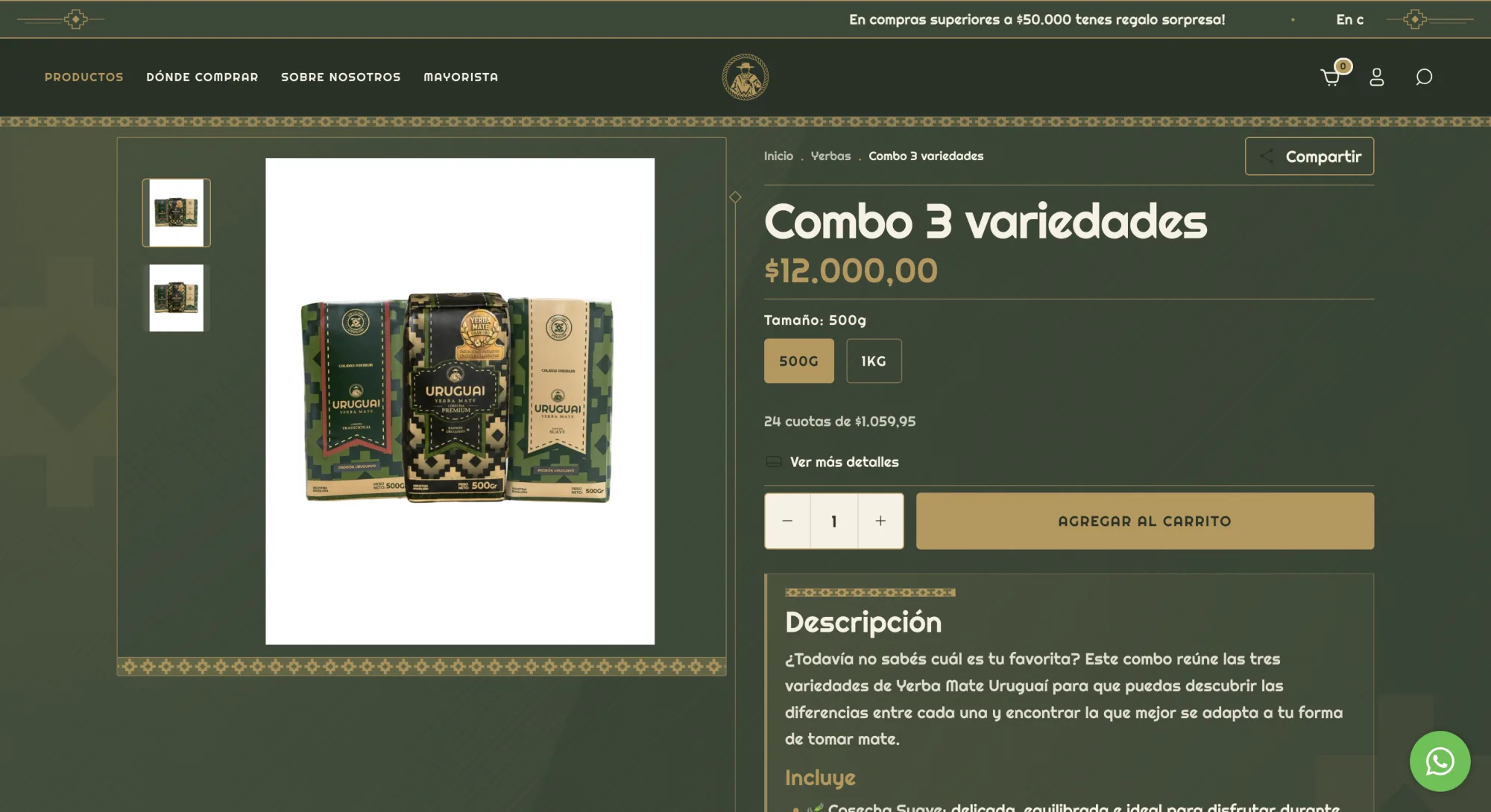 Ficha de un combo de Uruguaí con tamaño, precio, cantidad y acción de compra